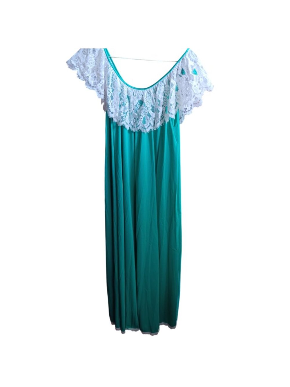 Vntage Petite Teal Green Maxi Nightgown With Lace Overlay By Lucie Ann